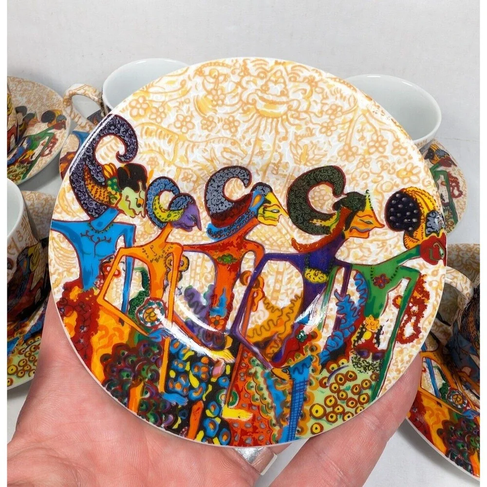 Pacita Abad Espresso Set‎ Mini Cup Mug Saucer Porcelain RARE Wayang Pandawa Lima